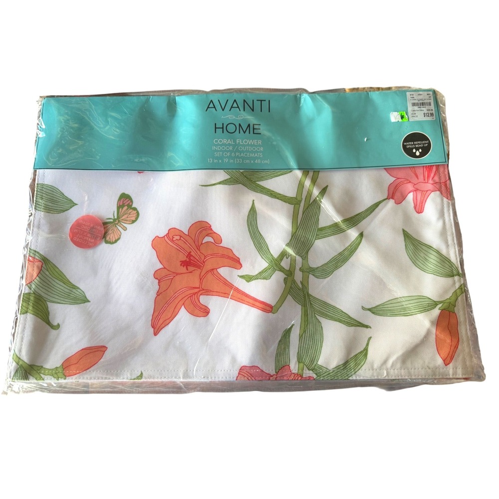 Avanti Home Coral Flower Indoor Outdoor Placemats Set of 6 Floral White 13x19